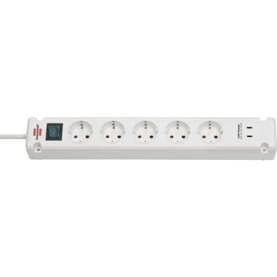 White power strip with four European-style outlets, a red on/off switch, and two USB charging ports on the right.
