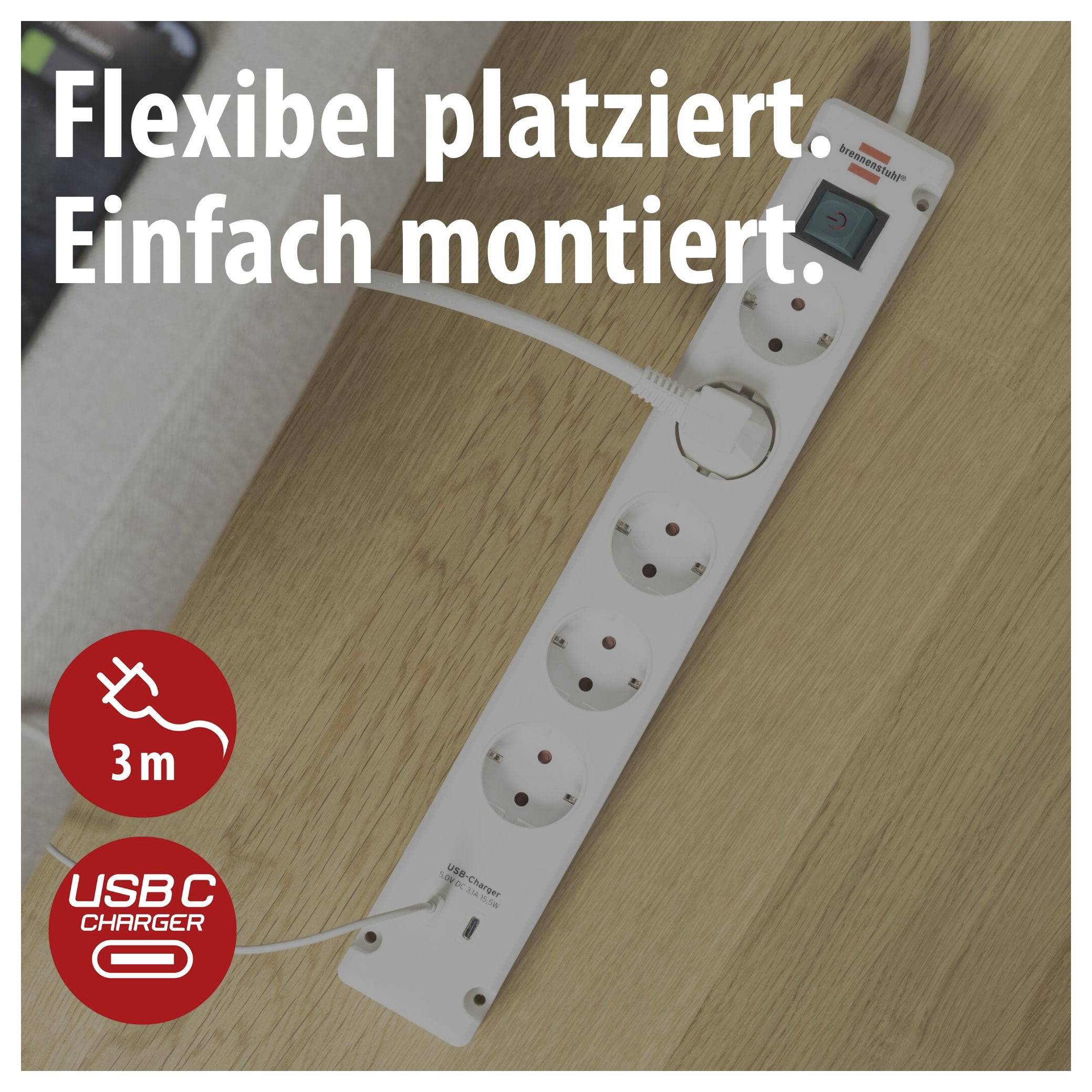 White power strip with 4 sockets on wooden floor; text: 'Flexibly positioned. Easy to install.' along with symbols for 3 m cable and USB-C charging function.