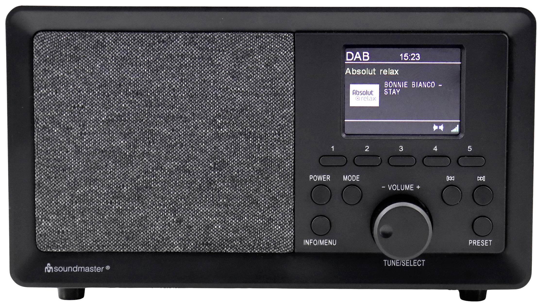 Digital radio with text display 'DAB 15:23 Absolutely relax'. Song: 'Bonnie Bianco - Stay'. Control buttons and speaker visible.