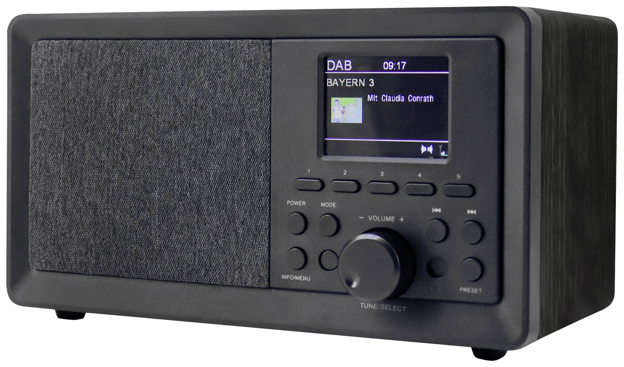 Black DAB radio with speaker on the left, display on the right shows 'BAYERN 3, 09:17', music by 'Claudia Koreck'.