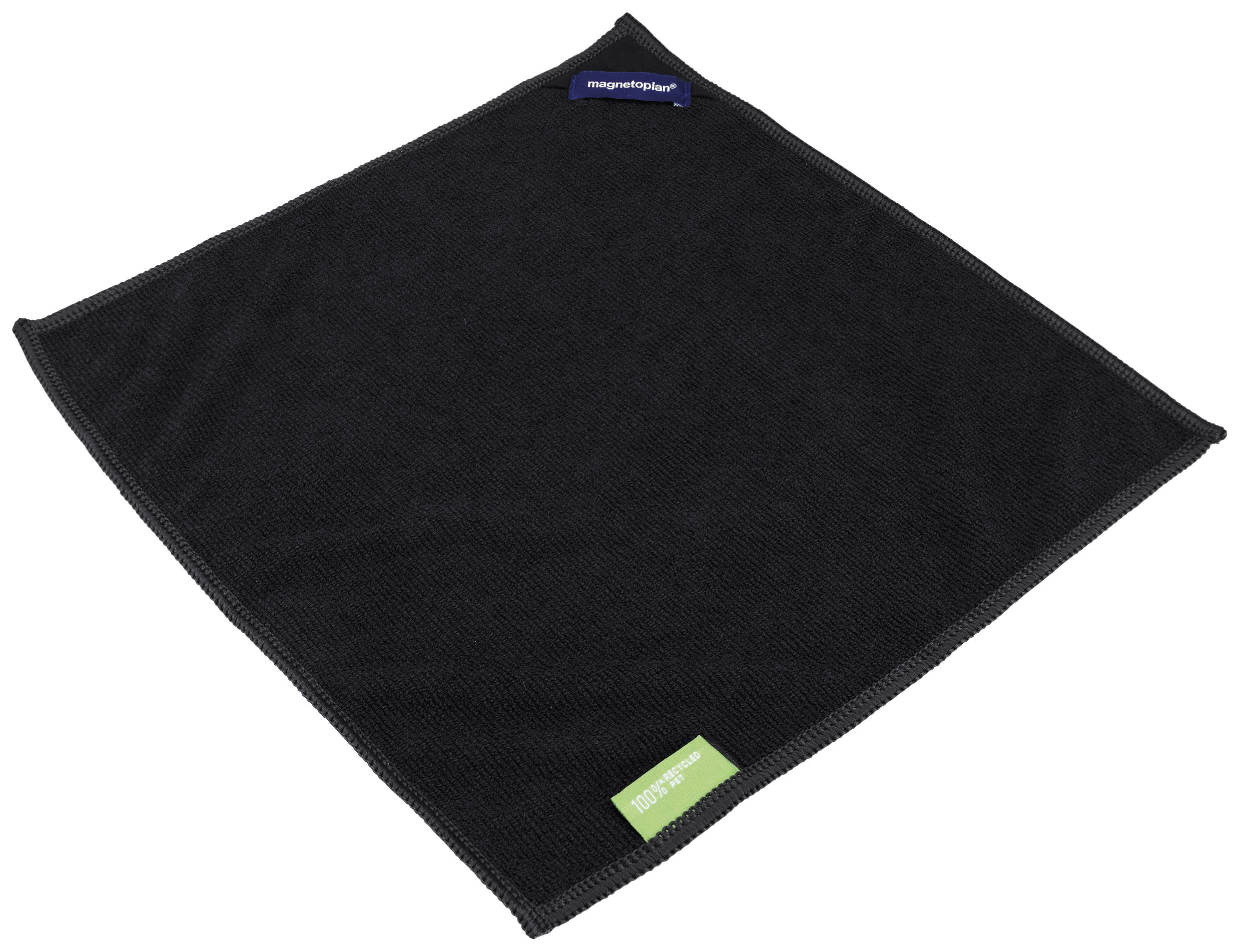 A square, black microfibre cloth with two labels in blue and green at one corner.