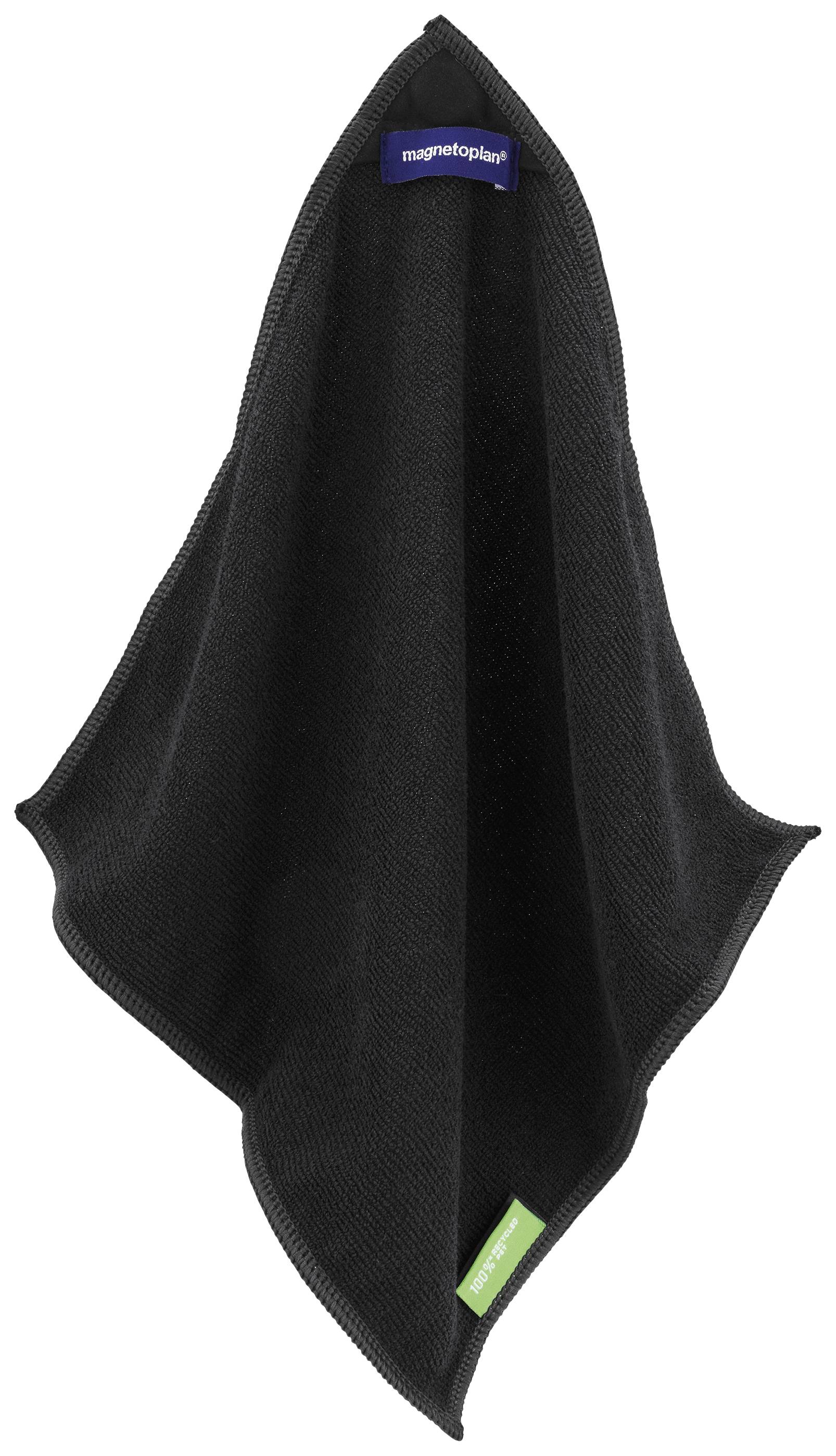 A black microfibre cloth hangs from a blue hanging label, with a green label underneath bearing the inscription 'green is better'.