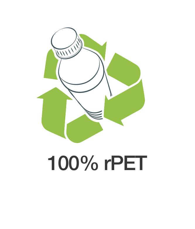 A plastic bottle surrounded by three green arrows in a recycling symbol, with the text '100% rPET' underneath.