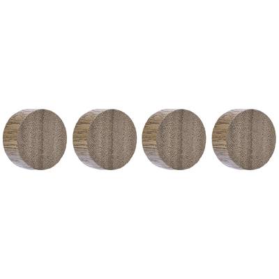 Four identical, round wooden discs arranged in a row.