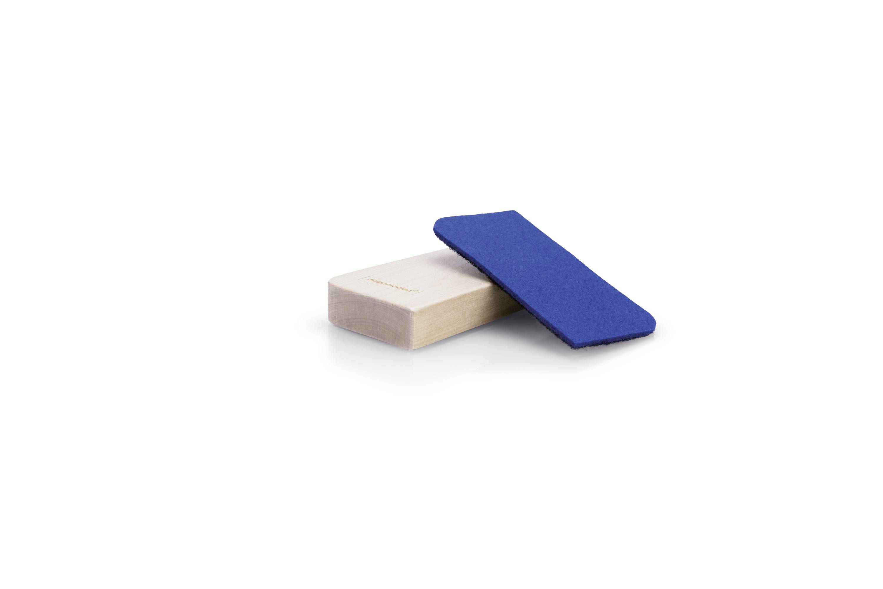 Two board erasers: One stands upright, the other placed diagonally across it, both in robust blue and beige.