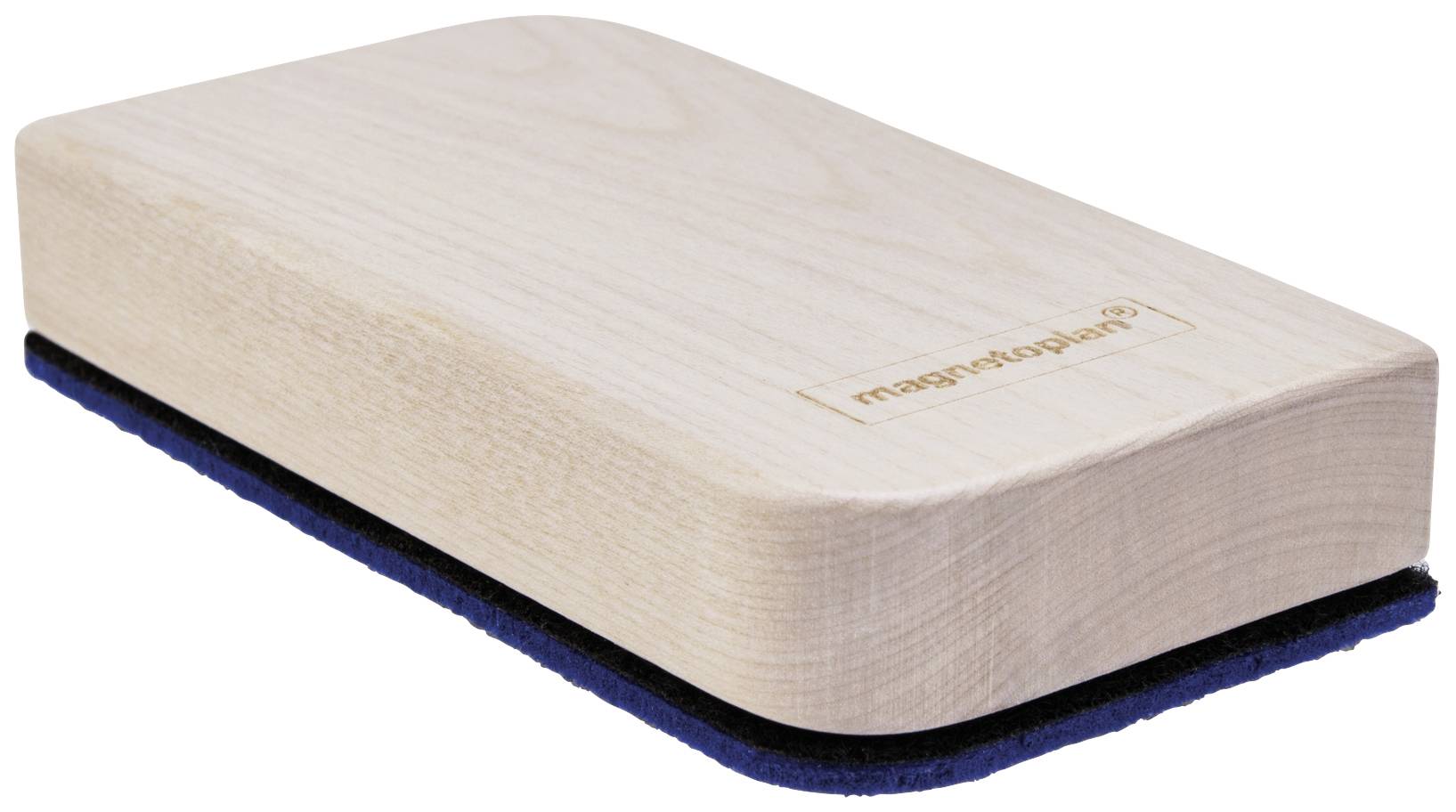 A rectangular wooden magnetic board eraser with a felt underside, used for cleaning whiteboards.