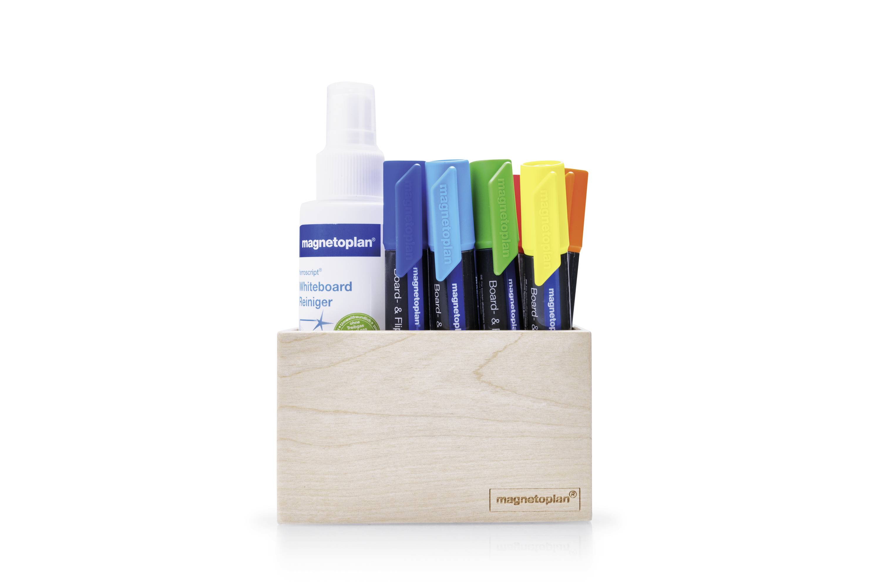 A wooden box containing five coloured whiteboard markers (blue, green, yellow, orange) and a bottle of whiteboard cleaner.