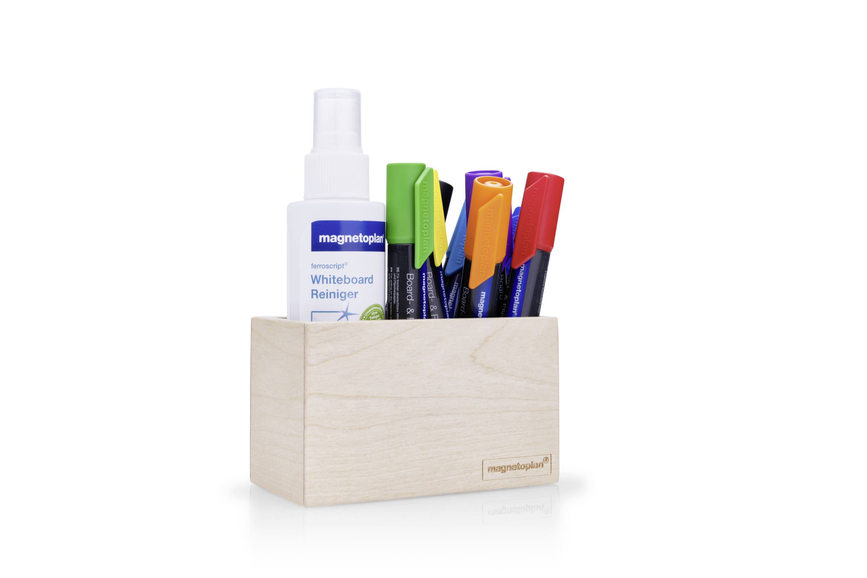 Wooden box with whiteboard cleaner and coloured markers.