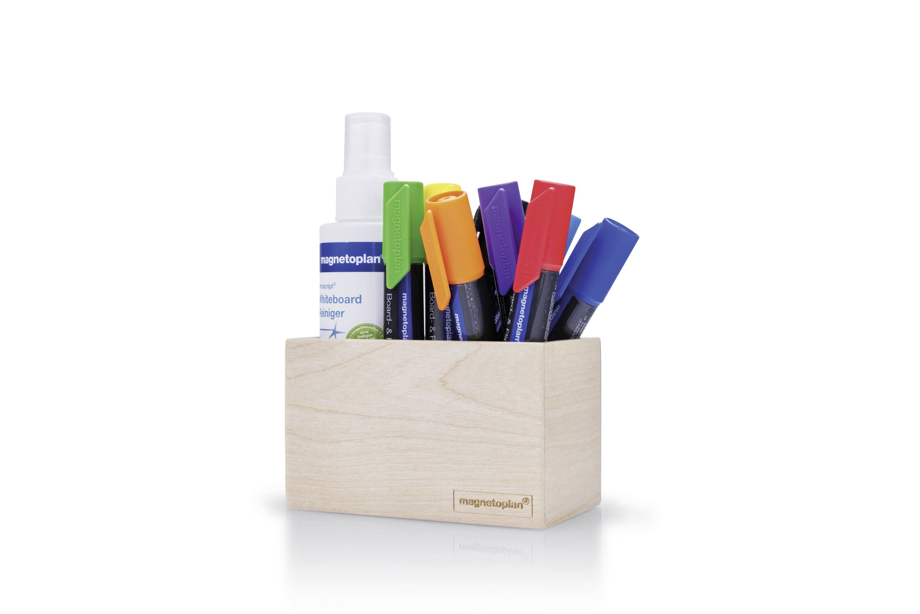 Wooden box with five colourful board markers and a whiteboard cleaner. Ideal for organising writing materials.