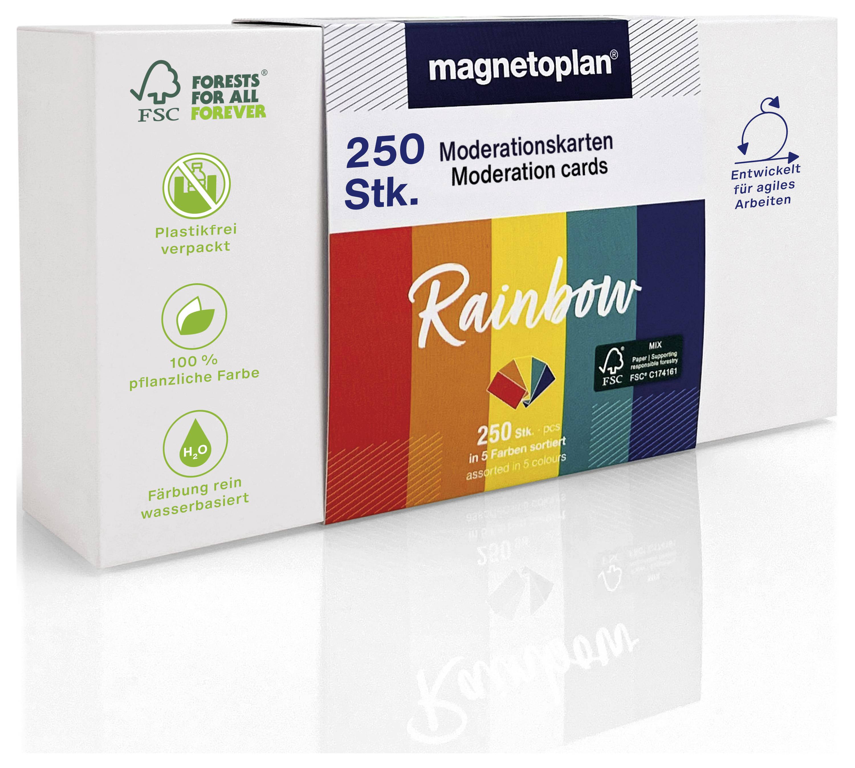 A box of 'magnetoplan' rainbow moderation cards with FSC certification, plastic-free packaging, and plant-based, water-based ink.