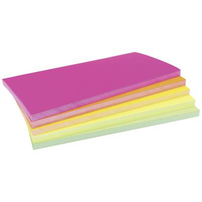 A stack of colourful sticky notes in pink, orange, yellow and green, slightly offset and stacked on top of each other.