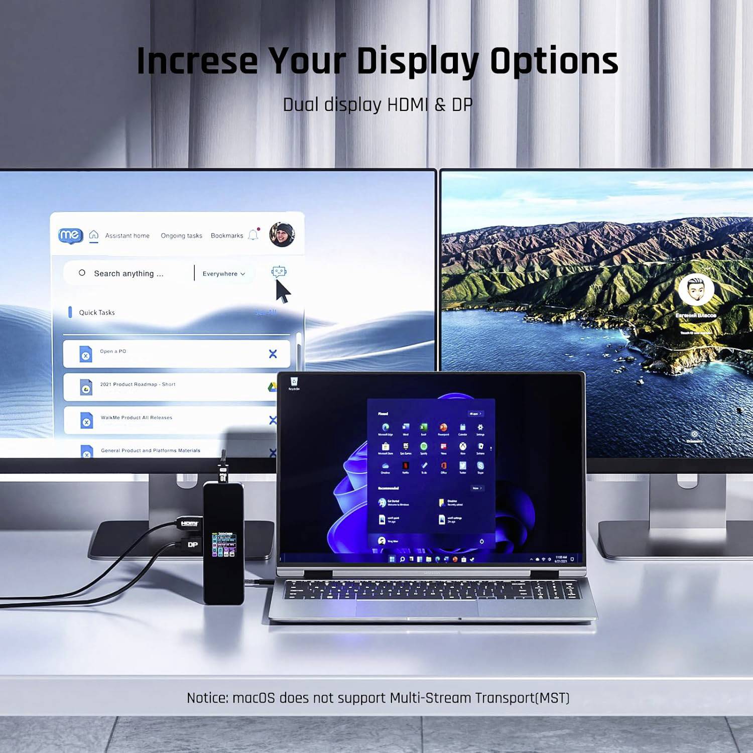 'Three screens display content: one with a smartphone home screen, one with a coastal landscape, one with a desktop background.'