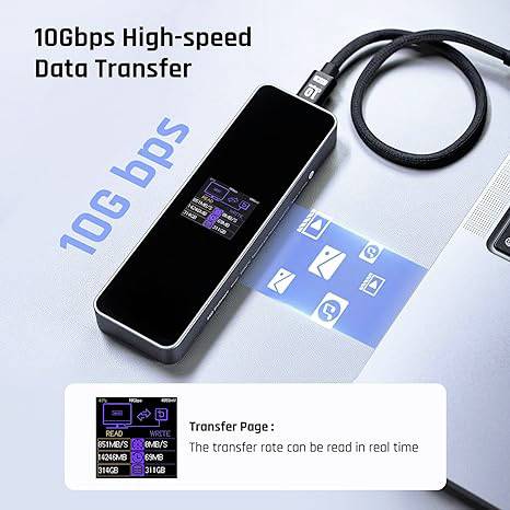 'External storage adapter with 10 Gbps transfer rate. Includes a screen for real-time data display. Black design.'