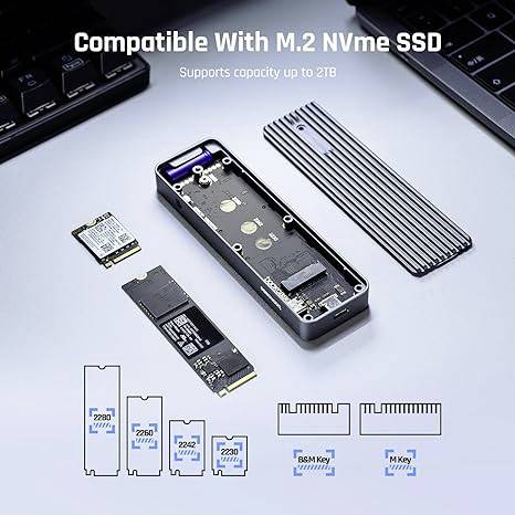 'Compatible with M.2 NVMe SSD' shows how a solid-state drive fits into an enclosure. Supports capacity up to 2TB. Diagram shows key types and sizes.