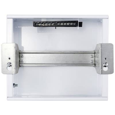 An open white metal box with a rail and a clamp featuring multiple screw connection points at the top.