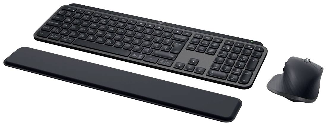 Black wireless keyboard with wrist rest and vertical ergonomic mouse, on white background.