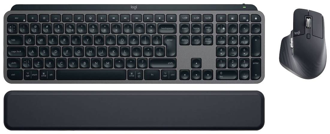 Wireless computer keyboard with a wrist rest and matching ergonomic mouse. Both designed in a dark colour.