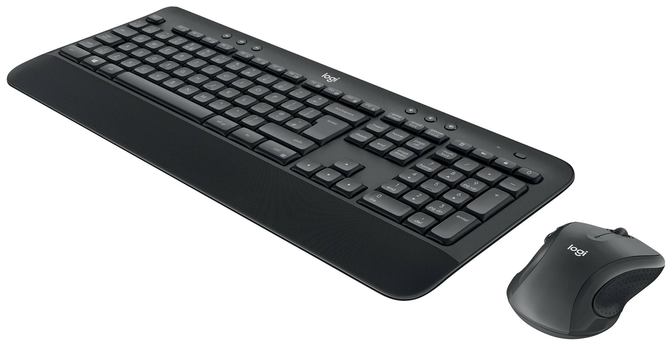 Wireless black keyboard and mouse, ergonomic design, suitable for office work.