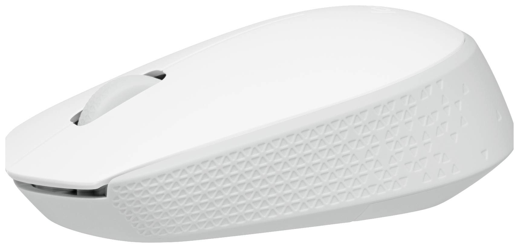 White, wireless computer mouse with a geometric pattern on the side, viewed at an oblique angle from above.