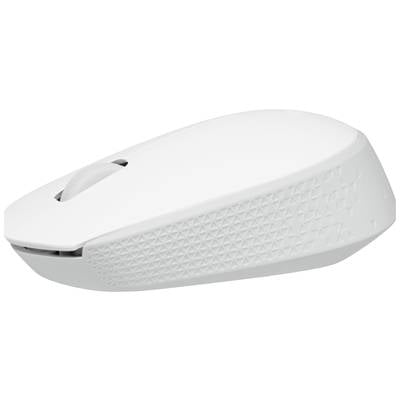 White, wireless computer mouse with a geometric pattern on the side, viewed at an oblique angle from above.