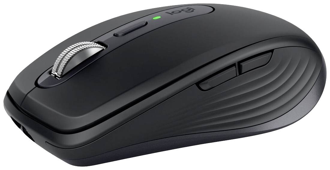 A black computer mouse with two side buttons and a silver scroll wheel.