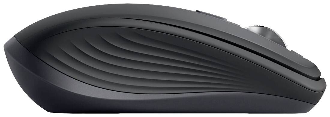 Black computer mouse viewed from the side, with ergonomic design.