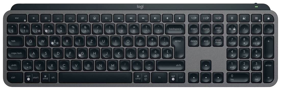 Wireless keyboard with a matte finish, featuring a full key layout including a number pad. The top row contains function keys.