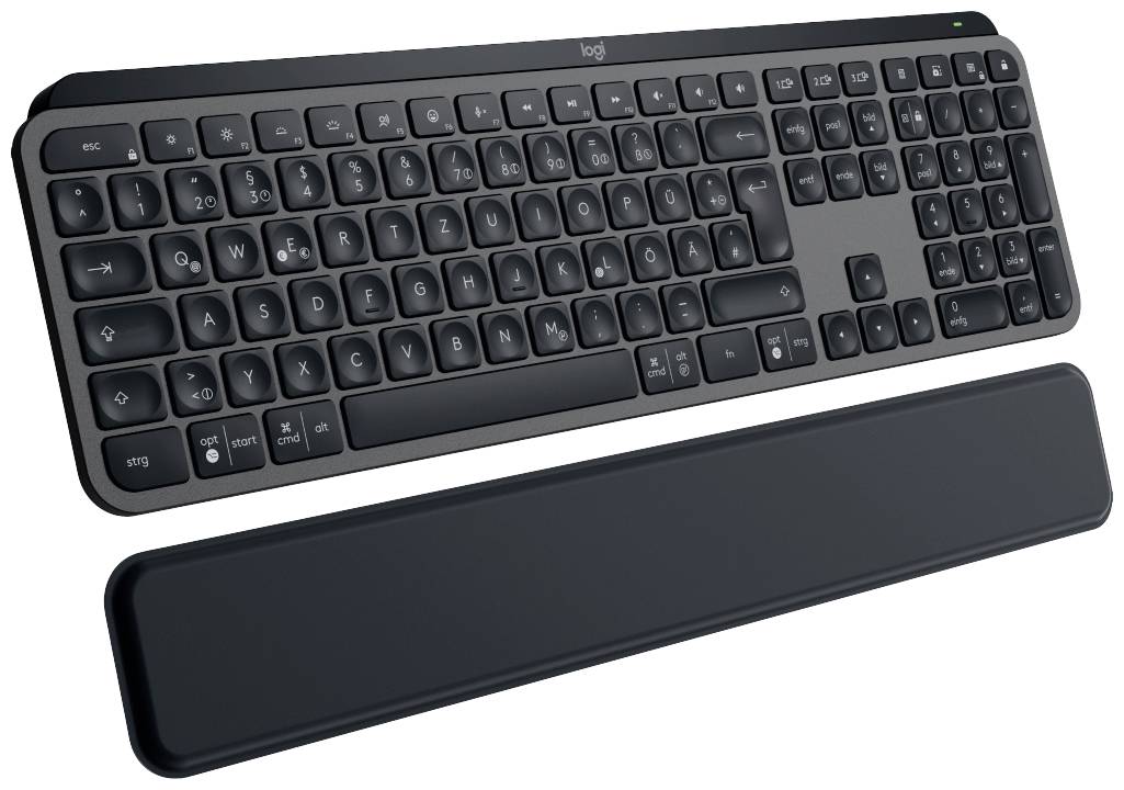 Wireless, black keyboard with rounded keys and detachable wrist rest, suitable for ergonomic typing.