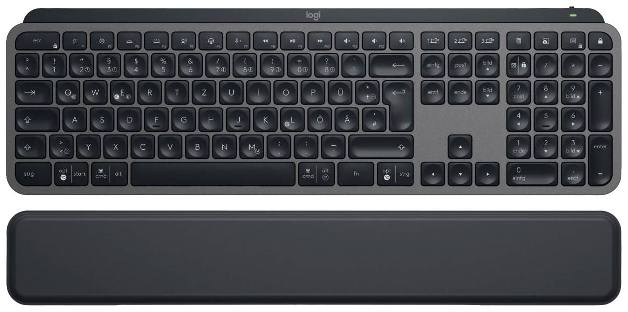 Black wireless keyboard with numeric keypad and ergonomic wrist rest, suitable for comfortable typing.