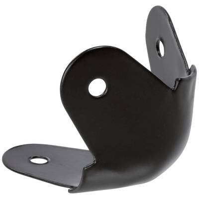 Black metal corner bracket with holes for screw fastening, used for stabilising or connecting furniture components.