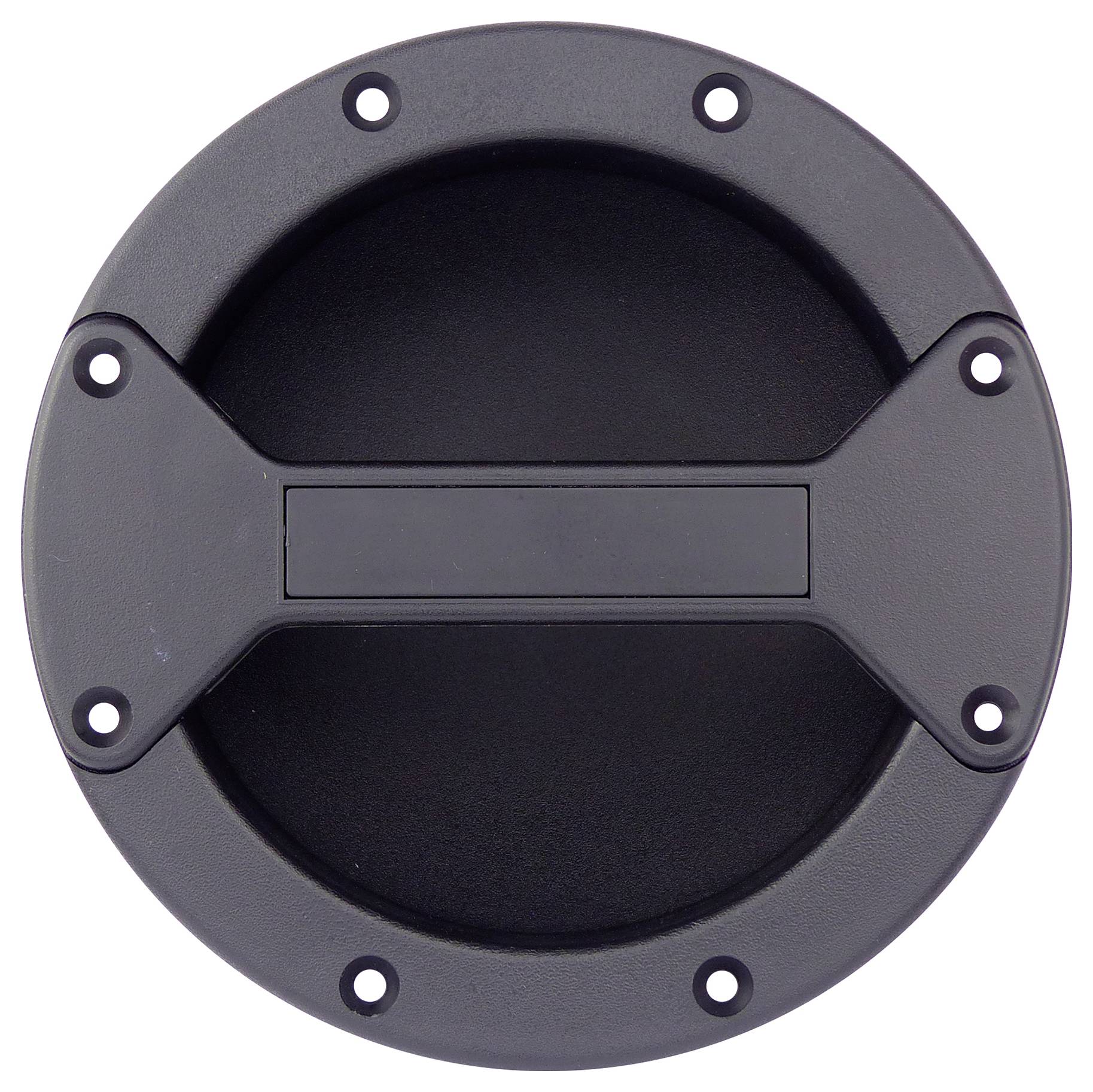 A round, black cover with six fixing holes and a central, rectangular recess.