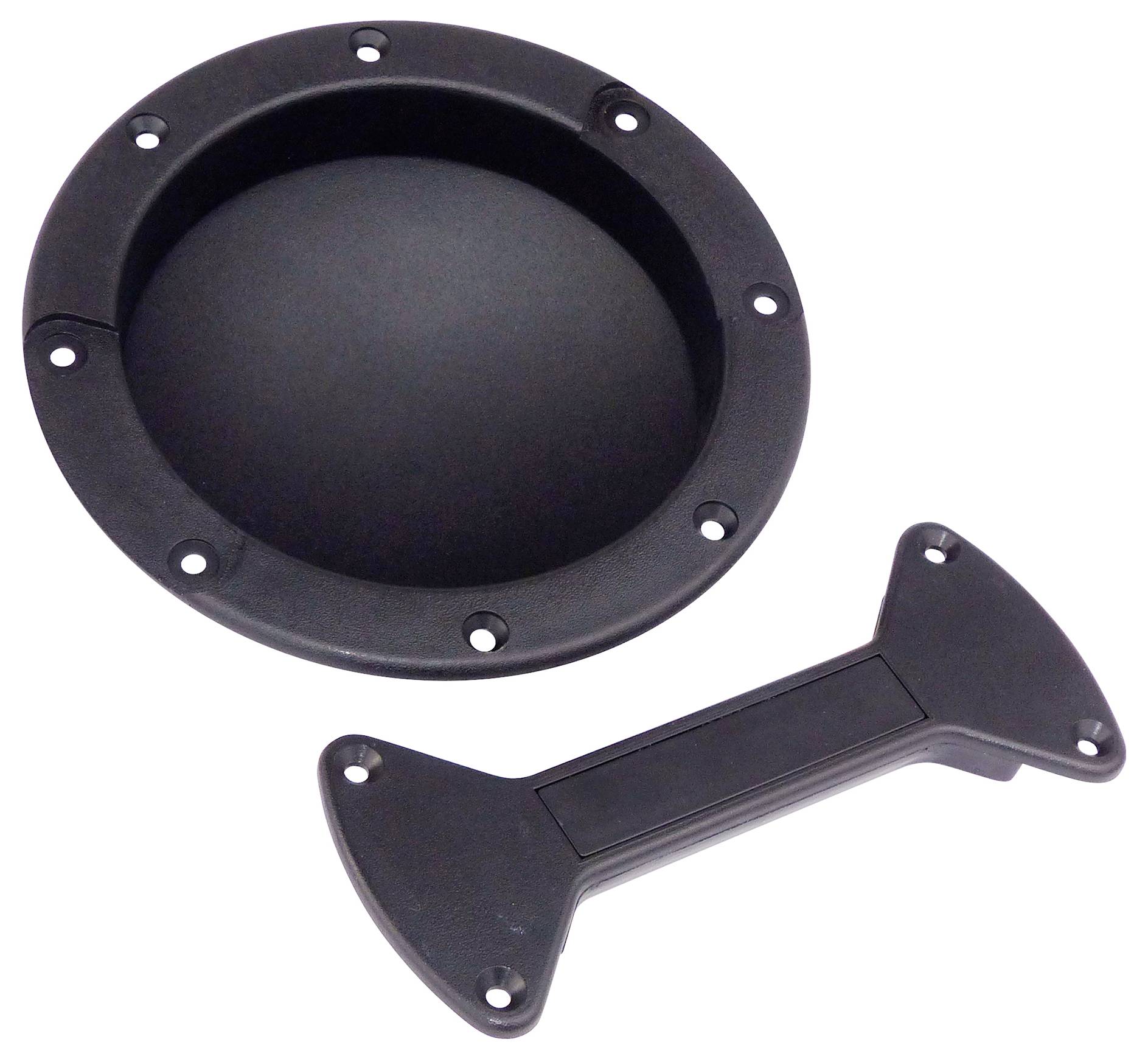 A round, black plastic lid with multiple screw holes and a matching plastic handle for fastening.