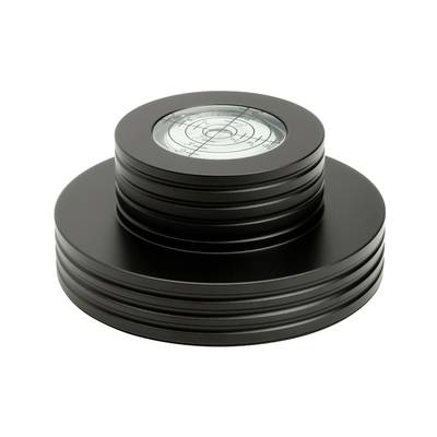 A black, round spirit level with concentric grooves on a glossy base.