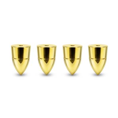 Four golden, spherical table legs arranged in a row on a white background.