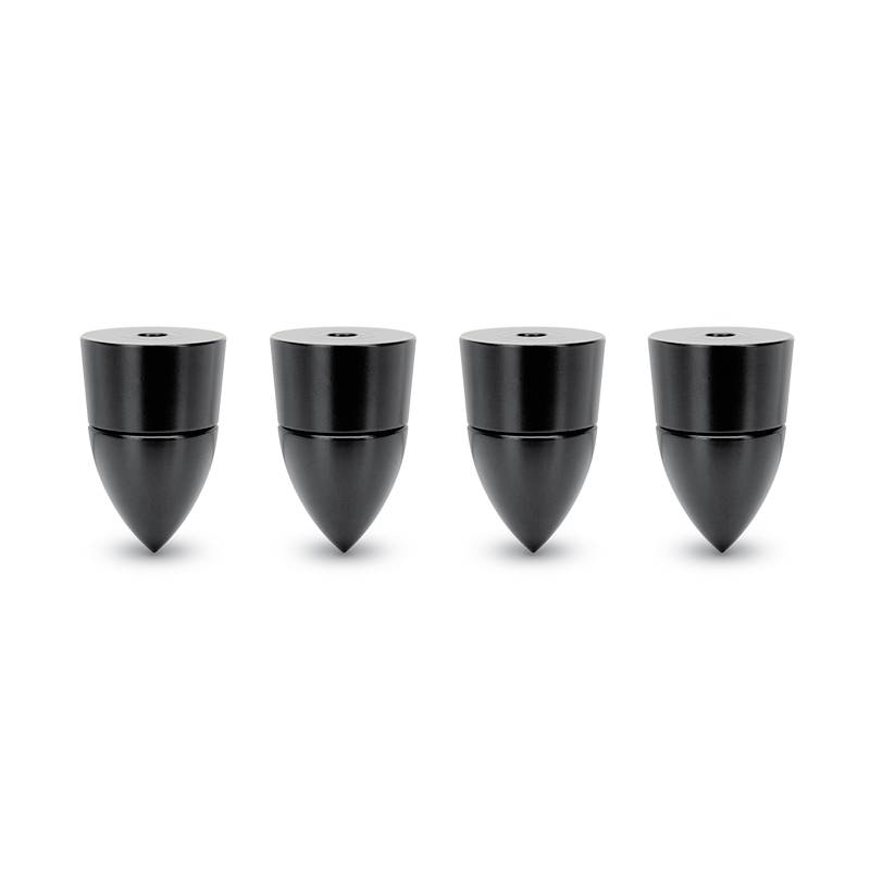Four black, conically shaped objects with flat tops, placed side by side on a white background.