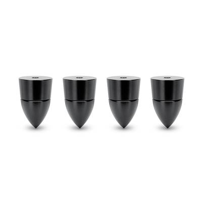 Four black, conically shaped objects with flat tops, placed side by side on a white background.