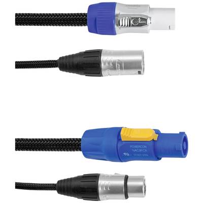 Three cable connectors: top blue and silver, middle black and silver, bottom blue and black.
