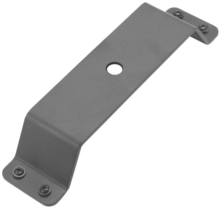 Metal bracket with a central hole and four screw holes at the ends, for fixing to a surface.