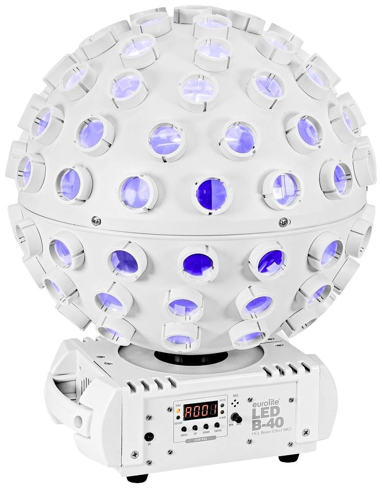 A spherical LED light effect machine with blue and white lights on a white housing with control fields and display.