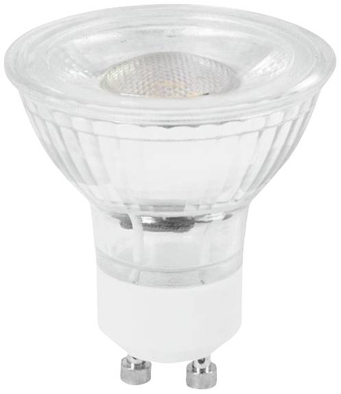A LED light bulb with a GU10 socket, transparent casing and visible internal structure, shown against a white background.