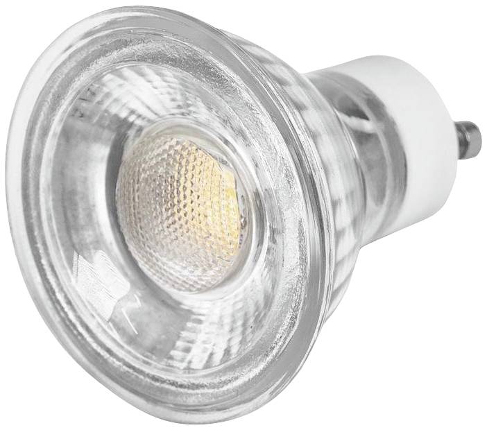 A LED light bulb in close-up, providing a clear view of the lens surface and the GU10 base connector.