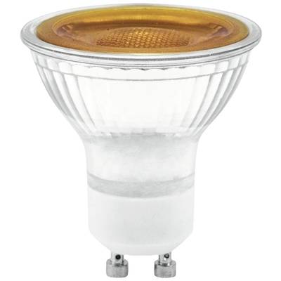 A LED reflector lamp with clear glass and orange internal reflector, suitable for use in GU10 lamp holders.