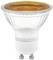 A LED reflector lamp with clear glass and orange internal reflector, suitable for use in GU10 lamp holders.
