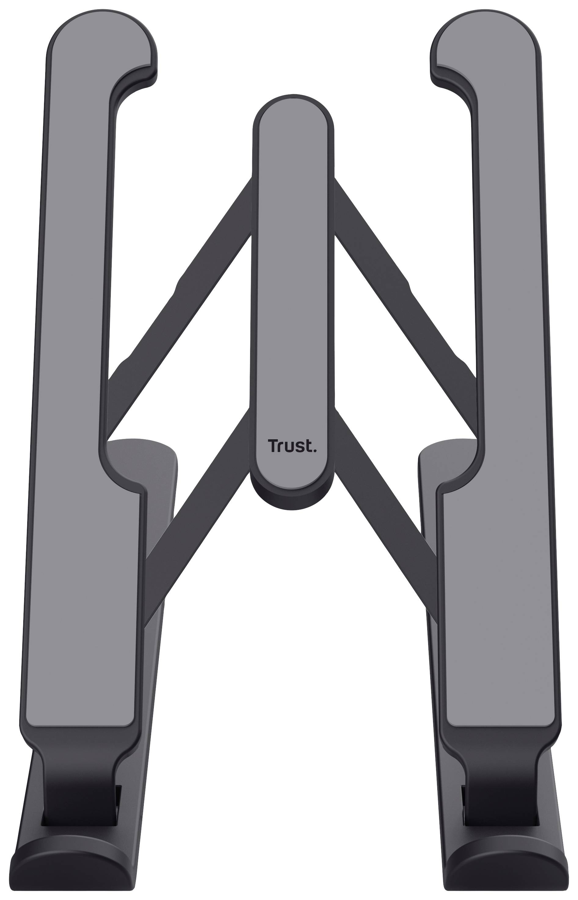 An adjustable laptop stand in grey with the word 'Trust' printed on the front.
