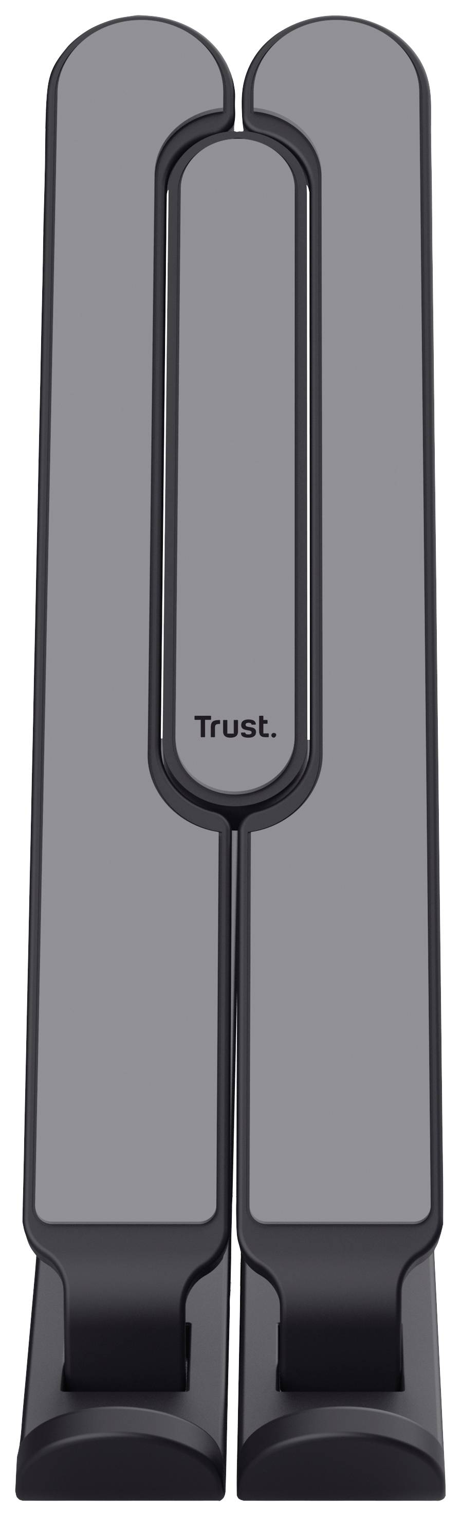 A grey laptop stand by Trust in a vertical position. Suitable for space-saving storage of laptops.