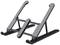 Metal laptop stand, black, adjustable, holds laptops securely at various angles, improves ergonomic positioning.