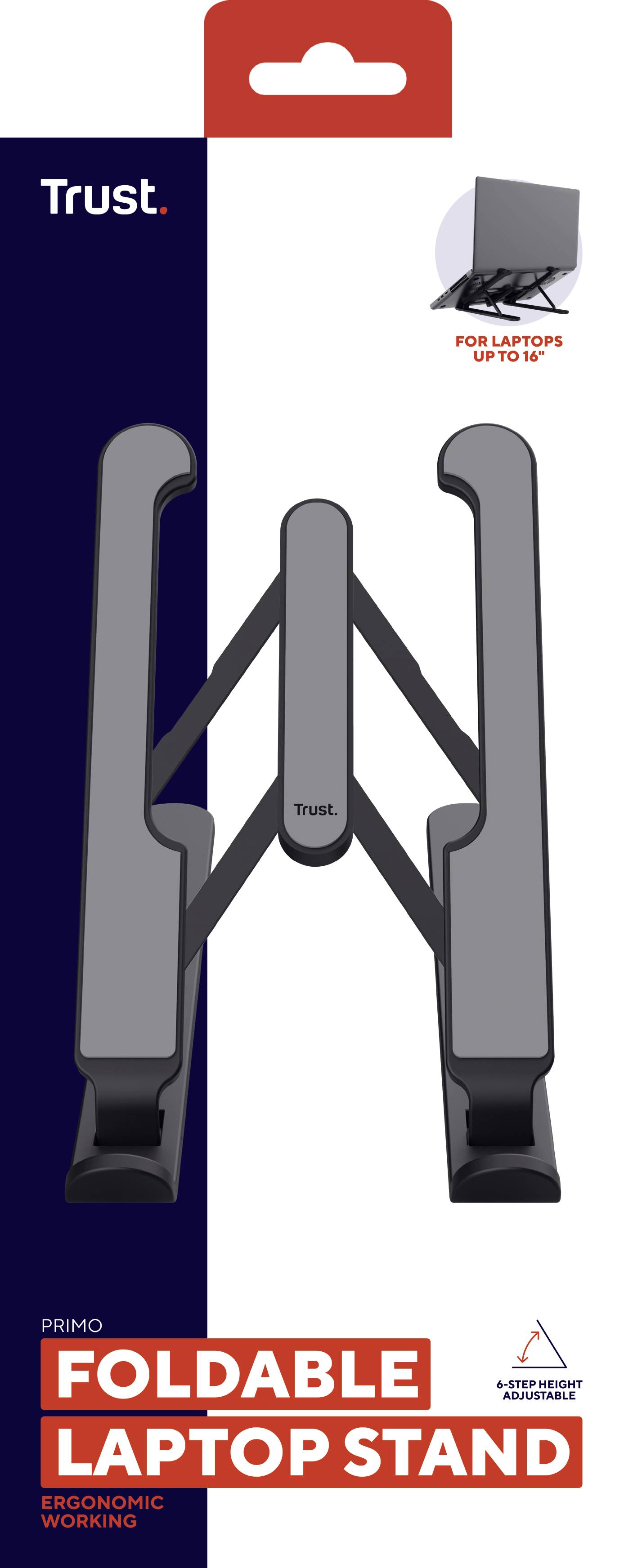 A foldable laptop stand from Trust for laptops up to 15 inches, promotes ergonomic working. Shown in compact form.