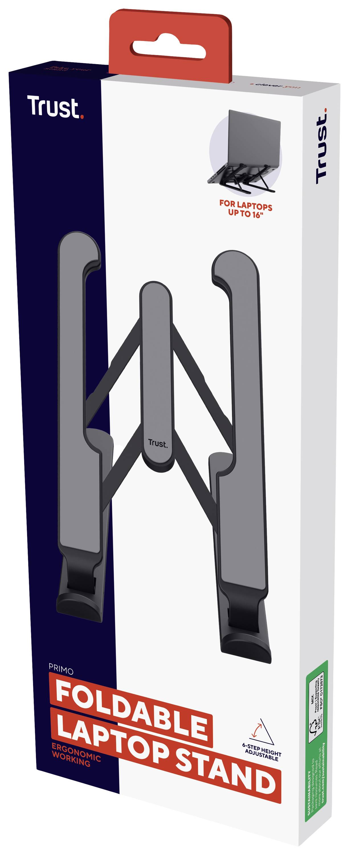 Packaging for a foldable laptop stand by Trust, suitable for laptops up to 16 inches. Displays the product image and the Trust brand.