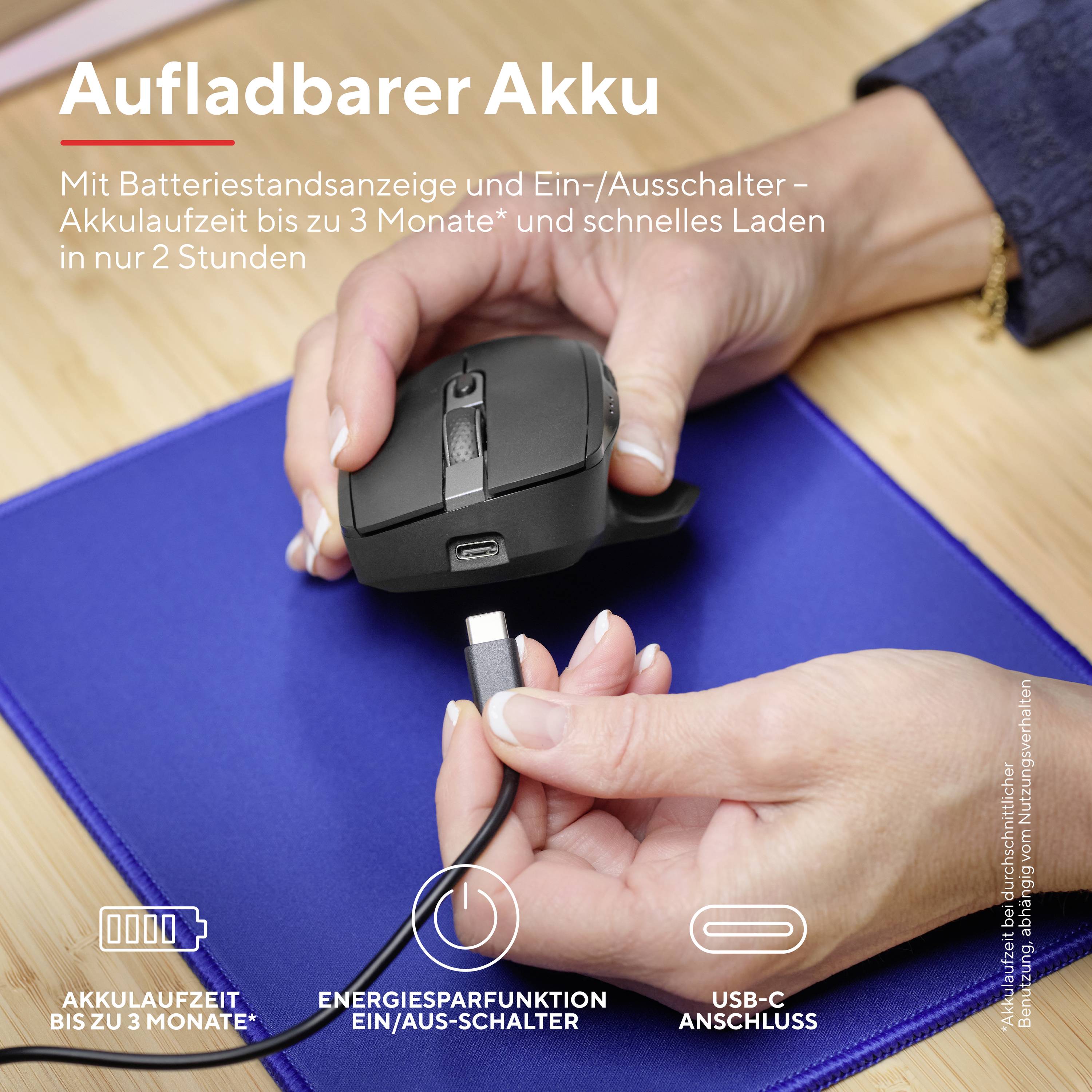 Two hands are holding a wireless mouse over a blue mousepad. Text: 'Rechargeable Battery', with details about battery life and charging time.