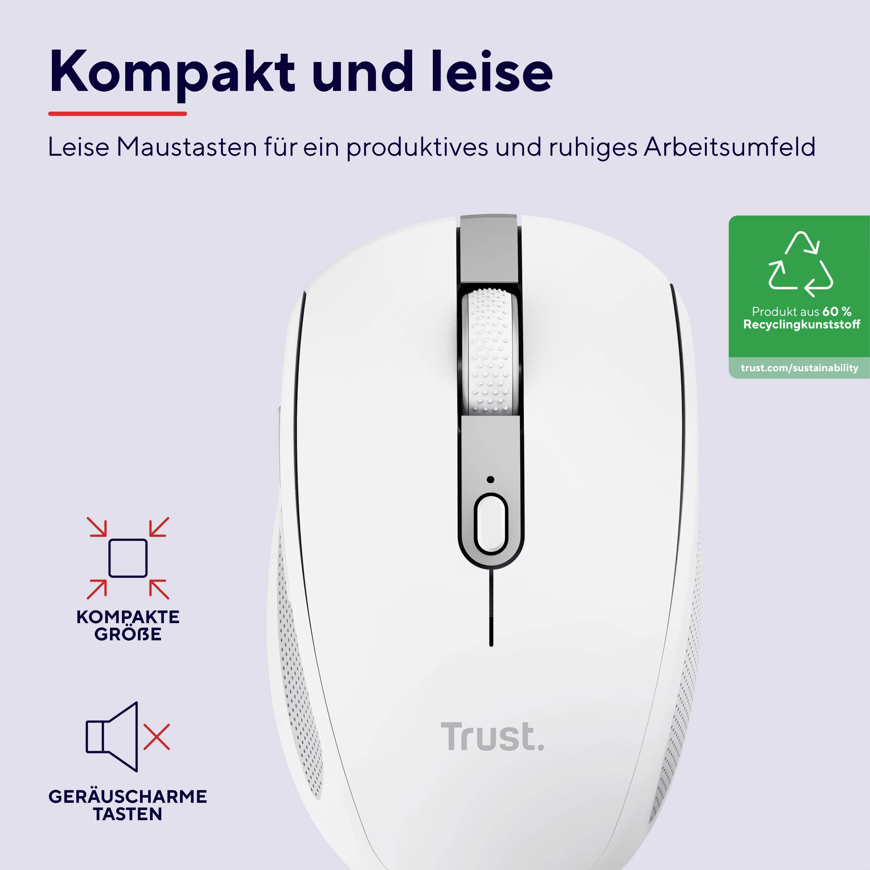 White computer mouse with text 'Compact and Quiet'. Highlights quiet keys and compact design for a productive, peaceful work environment.